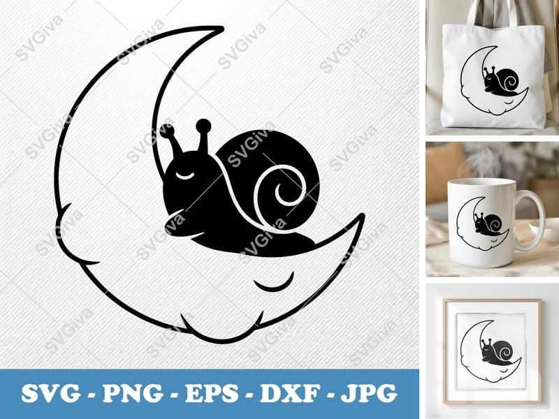 Snail SVG on Moon | Sleeping Snail Cut File, Modern Snail Design, SVG, PNG, EPS, DXF for Cricut & Silhouette