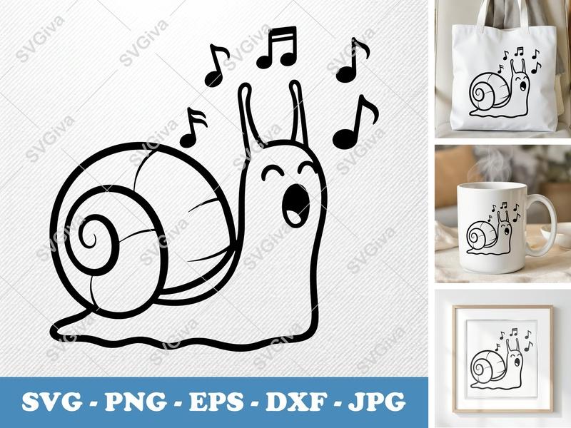 Snail SVG, Singing Snail with Music Notes, Cute Animal Cut File for Cricut, Silhouette | PNG EPS DXF Vector Clipart