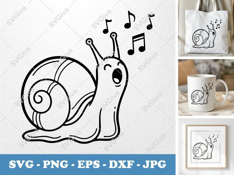 Snail SVG, Singing Snail with Music Notes, Cute Animal Cut File, PNG, EPS, DXF for Cricut & Silhouette, Modern Design