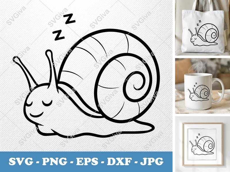 Snail SVG, Sleeping Snail PNG, Cute Animal EPS, Dreamy Snail DXF for Cricut & Silhouette, Modern Clean Design