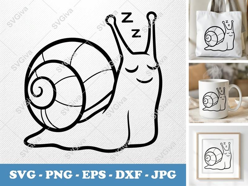 Snail SVG, Sleeping Snail PNG EPS DXF, Cute Cartoon Snail Cut File for Cricut & Silhouette, Modern Animal Vector Art