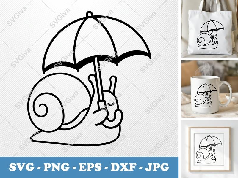 Snail SVG, Umbrella Snail Cute Clipart, Modern Outline Design, PNG EPS DXF | Cricut & Silhouette Cut File
