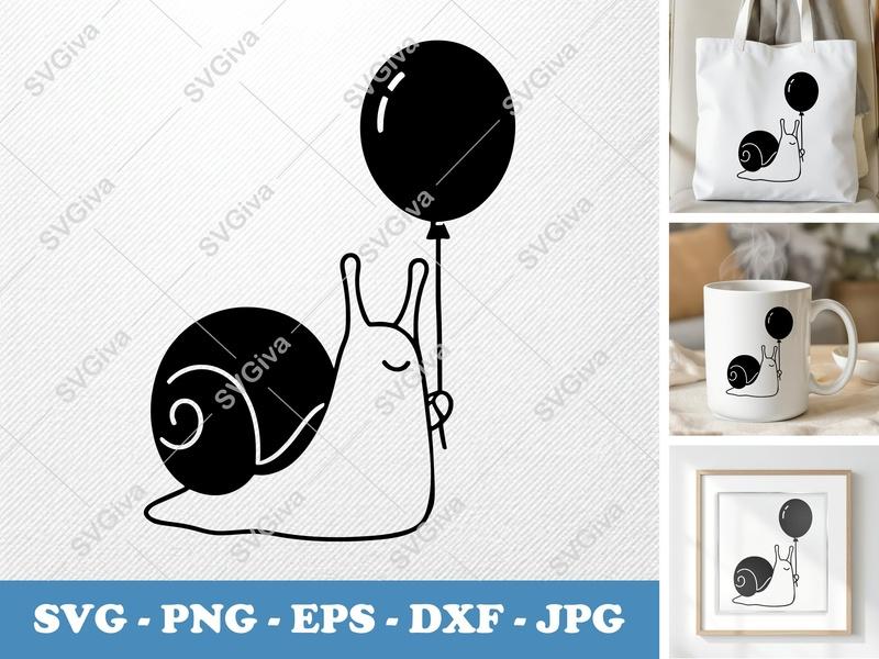 Snail with Balloon SVG | Cute Animal PNG EPS DXF | Modern Minimalist Cut File for Cricut & Silhouette