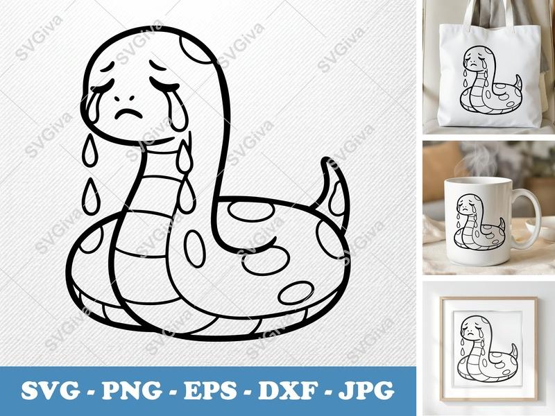 Snake Crying SVG, Sad Cartoon Serpent PNG EPS DXF | Cricut & Silhouette Cut File, Emotional Animal Clipart