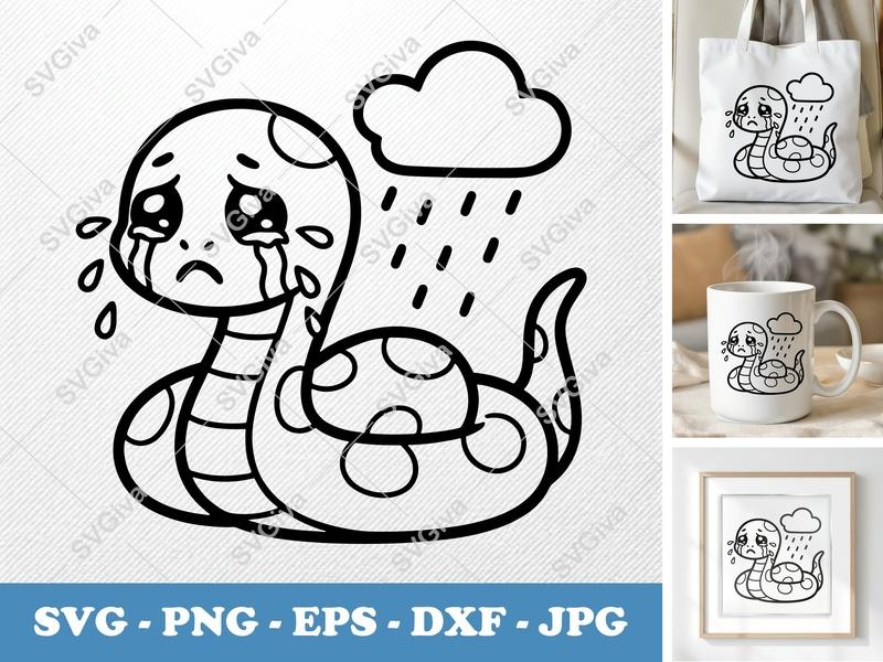 Snake Crying SVG | Sad Rain Cloud Cut File | PNG EPS DXF for Cricut, Silhouette | Kawaii Animal Vector