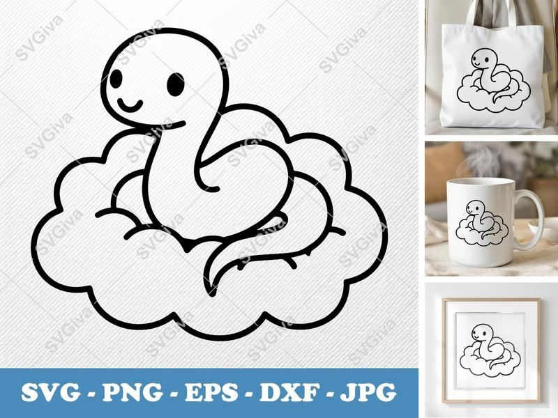 Snake Cute Cloud SVG | Kawaii Serpent Cartoon | PNG EPS DXF for Cricut Silhouette