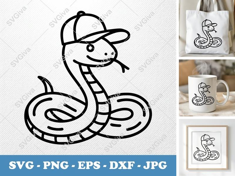 Snake in a Cap SVG | Baseball Hat Viper Cut File PNG DXF EPS Cricut Silhouette