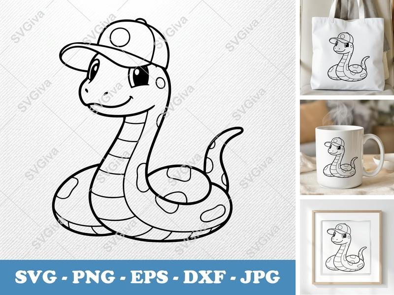 Snake in a Cap SVG | Friendly Rounded Cartoon Snake | PNG DXF EPS | Cricut Silhouette Cut File