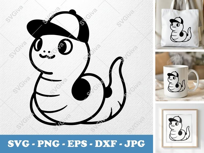 Snake in a Cap SVG | Puffy Cartoon Design | Inflated Animal Cut File for Cricut, Silhouette | PNG, DXF, EPS