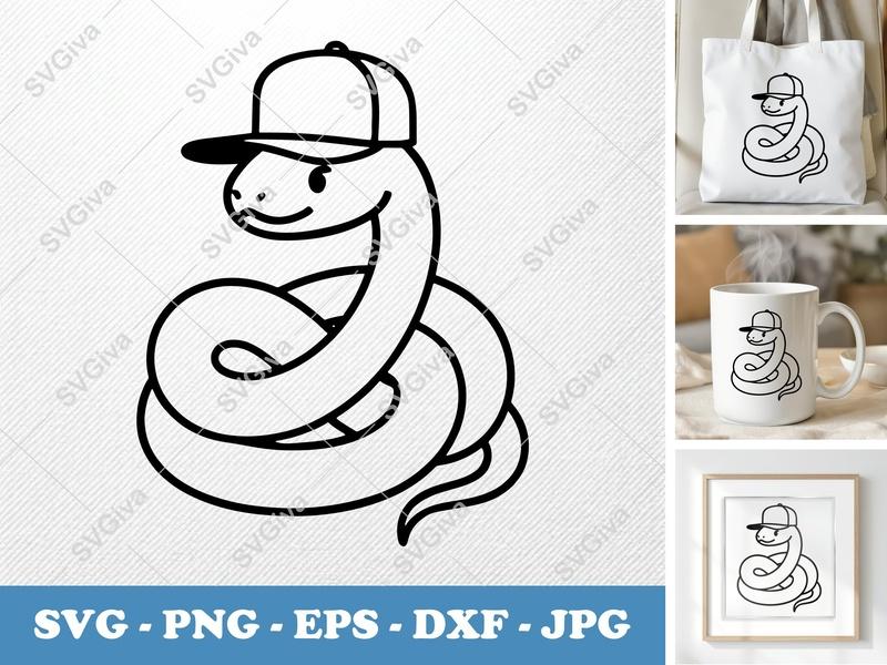 Snake in a Cap SVG | Simple Character Design | Bold Outline Cut File | PNG DXF EPS | Cricut Silhouette