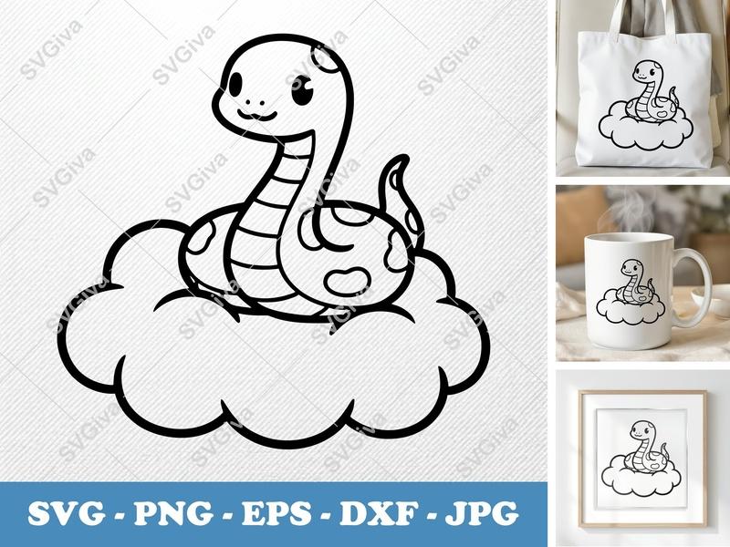 Snake Kawaii Cloud SVG | Cute Animal PNG EPS DXF | Cricut Silhouette File | Cartoon Reptile Vector Design