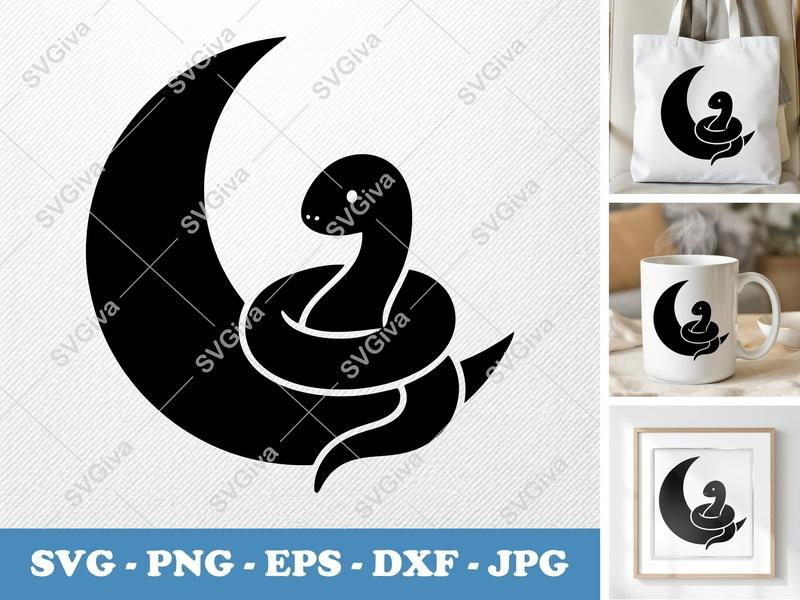 Snake Moon SVG | Crescent Moon Snake PNG EPS DXF | Celestial Animal Cut File for Cricut, Silhouette