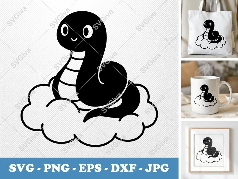 Snake on Cloud SVG | Cute Animal Cut File PNG DXF EPS Cricut Silhouette Design