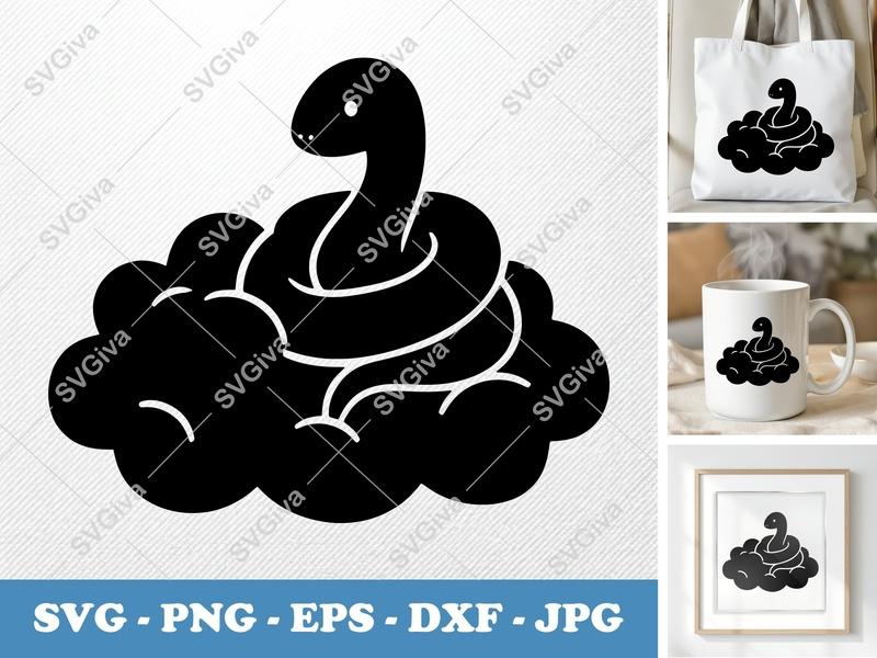 Snake on Cloud SVG, Modern Clean Design PNG EPS DXF | Cricut Silhouette File, Cute Reptile Clipart