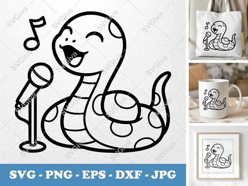 Snake Singing SVG | Cute Cartoon Serpent PNG EPS DXF | Music Animal Cricut & Silhouette Cut File