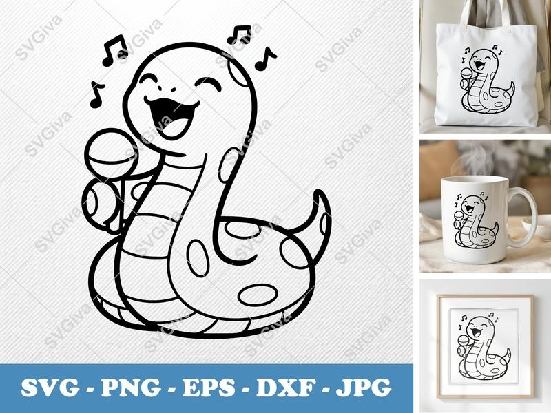Snake Singing SVG, Cute Cartoon Viper Clip Art, Music Notes PNG, EPS, DXF for Cricut & Silhouette, Reptile Design