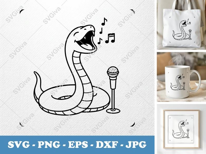 Snake Singing SVG | Music Notes PNG, EPS, DXF | Cute Reptile Cricut Cut File | Microphone Cartoon Animal