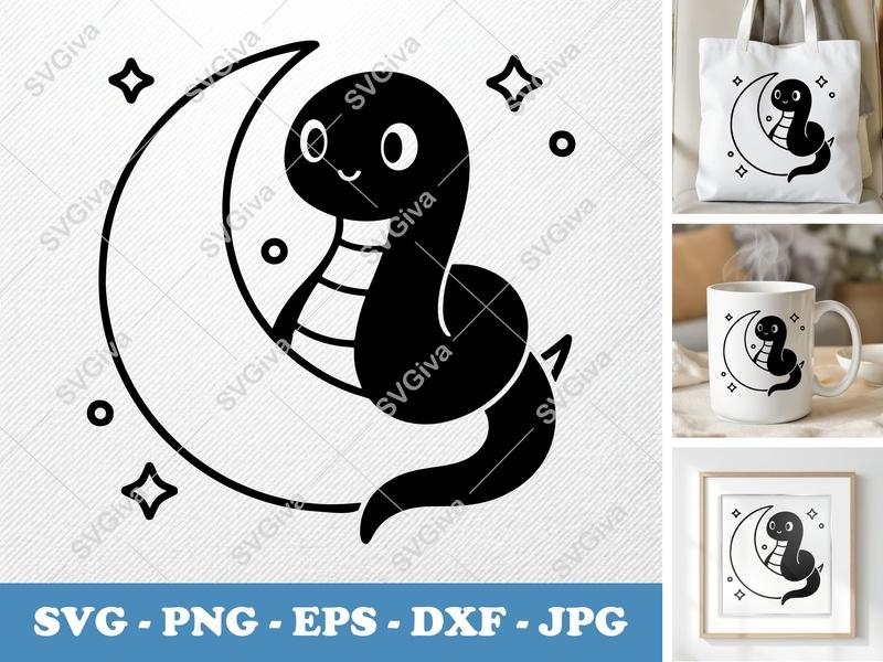 Snake Sitting on a Moon SVG PNG DXF EPS | Cricut Silhouette Cut File