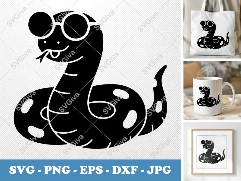Snake SVG, Cool Serpent with Glasses Cut File | PNG EPS DXF for Cricut & Silhouette | Modern Reptile Design