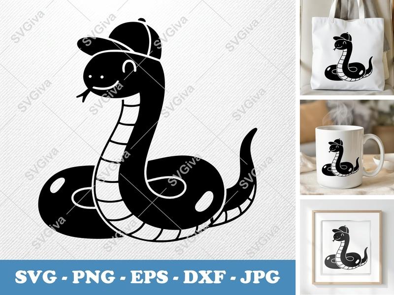 Snake SVG | Cool Serpent with Hat PNG EPS DXF | Cricut Silhouette File | Reptile Vector Clipart Design