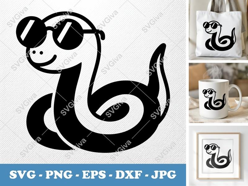 Snake SVG | Cool Serpent with Sunglasses | Modern Clean Design, PNG EPS DXF for Cricut & Silhouette