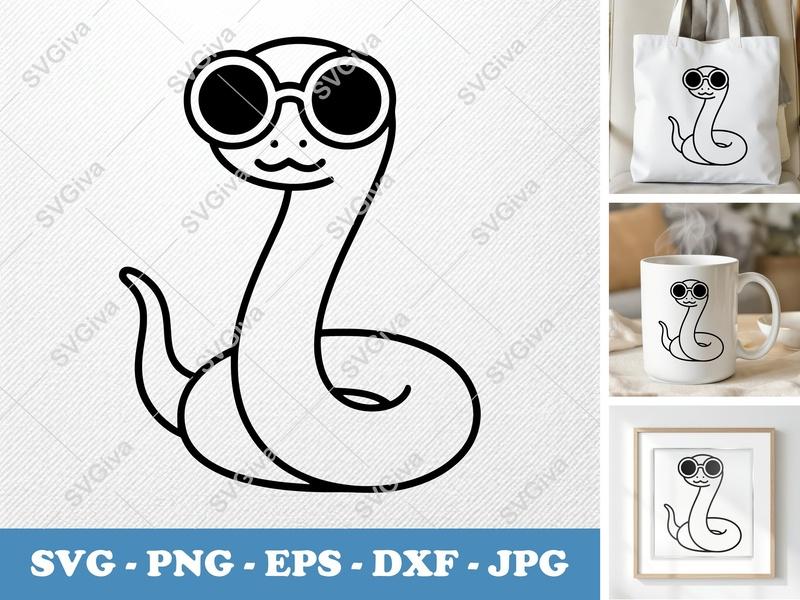 Snake SVG, Cool Serpent with Sunglasses, Modern Line Art PNG EPS DXF, Cricut & Silhouette File, Reptile Clipart