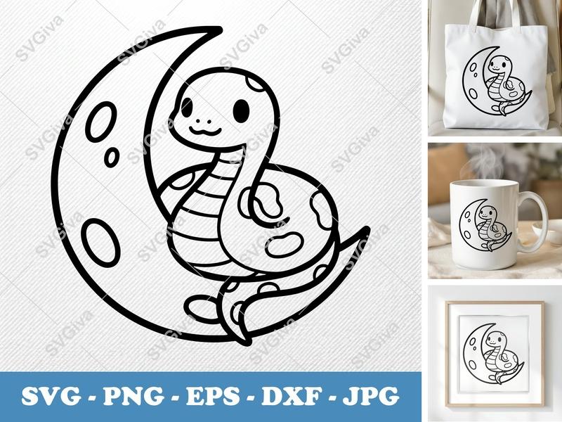Snake SVG | Cute Baby Serpent on Moon Cut File | Modern Clean Line Art | PNG EPS DXF for Cricut Silhouette