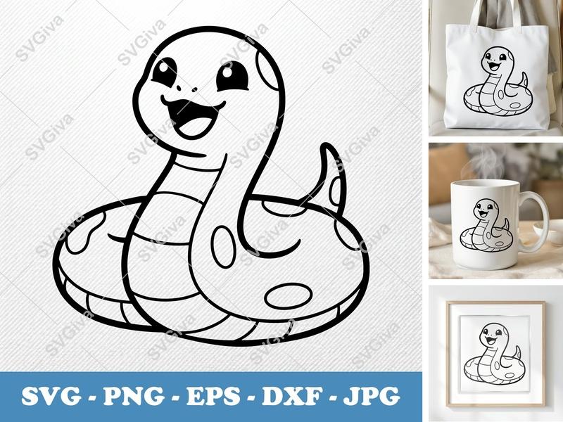 Snake SVG, Cute Cartoon Baby Serpent | PNG EPS DXF | Cricut & Silhouette Cut File, Reptile Clipart Vector