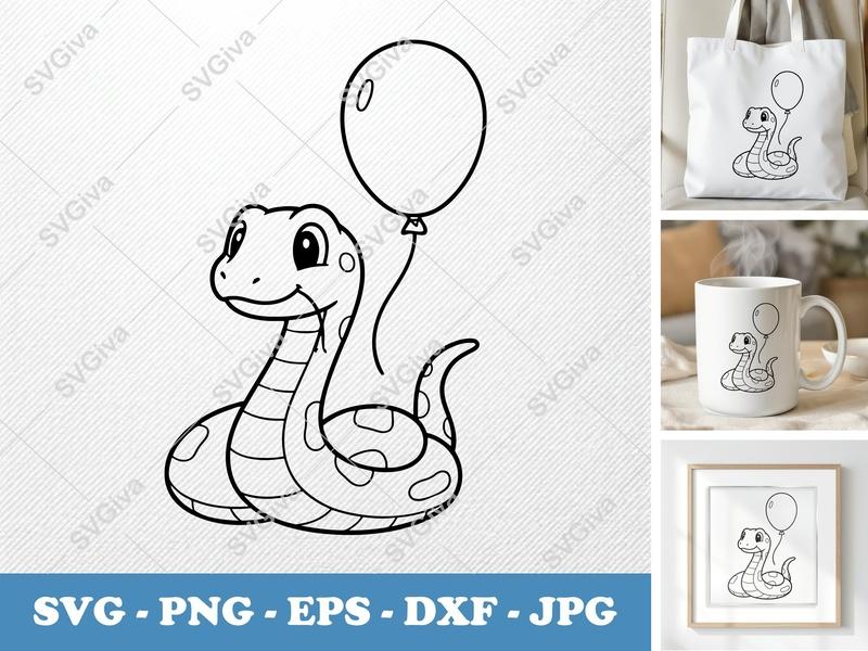 Snake SVG | Cute Cartoon Serpent with Balloon Cut File | PNG EPS DXF for Cricut & Silhouette, Reptile Animal