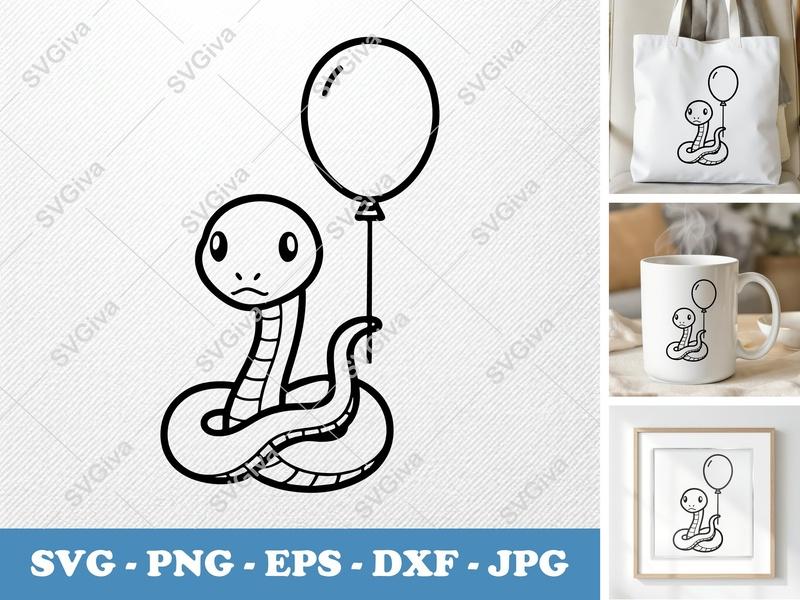 Snake SVG | Cute Cartoon Serpent with Balloon PNG EPS DXF | Modern Clean Line Art for Cricut & Silhouette