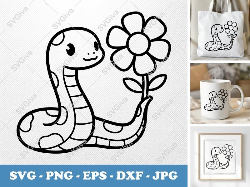 Snake SVG | Cute Cartoon Serpent with Flower, Modern Clean Design | PNG EPS DXF for Cricut & Silhouette