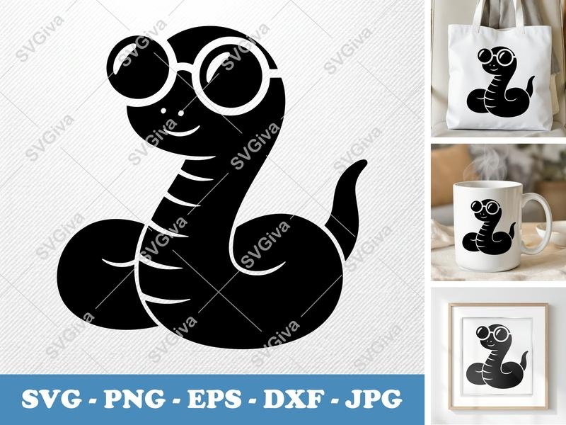 Snake SVG | Cute Cartoon Serpent with Glasses PNG EPS DXF | Cricut & Silhouette Cut File | Modern Animal Clipart