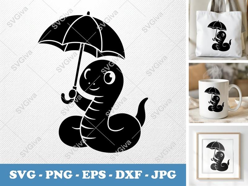 Snake SVG | Cute Cartoon Serpent with Umbrella | PNG EPS DXF for Cricut, Silhouette | Kawaii Reptile