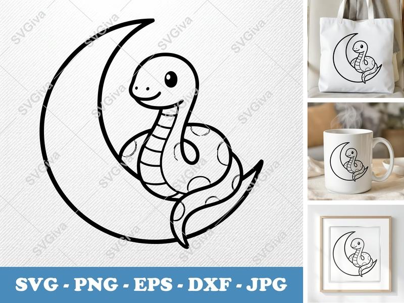 Snake SVG, Cute Cartoon Snake on Moon | PNG EPS DXF Cut Files for Cricut, Silhouette | Baby Animal Vector Art