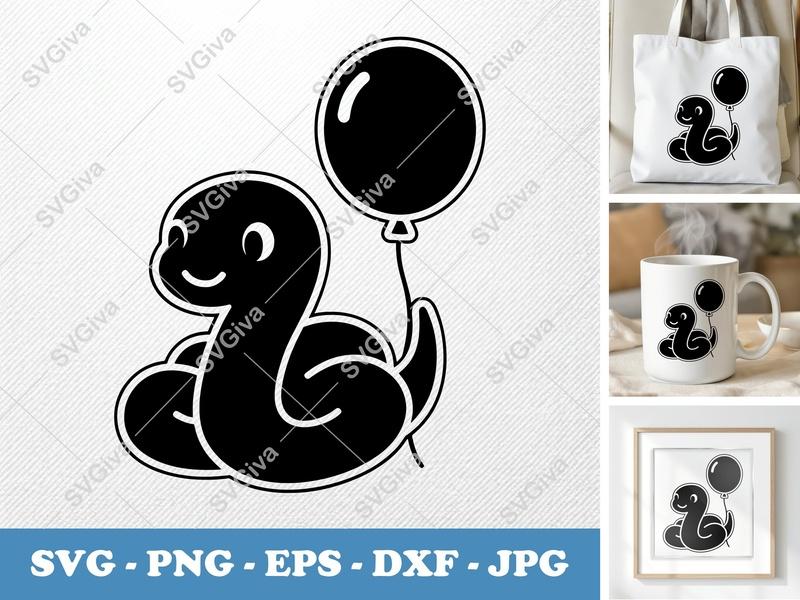 Snake SVG, Cute Cartoon Snake with Balloon, PNG EPS DXF | Cricut & Silhouette Cut File, Animal Clipart Vector