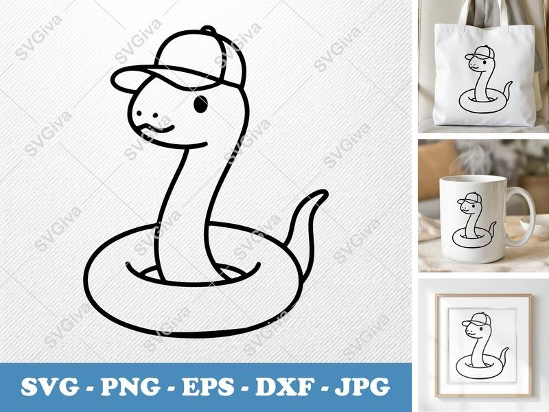 Snake SVG | Cute Cartoon Snake with Hat | Modern Clean Line Art | PNG EPS DXF | Cricut Silhouette File