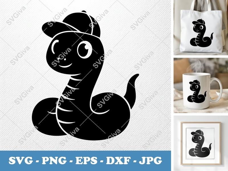 Snake SVG | Cute Cartoon Snake with Hat | PNG EPS DXF for Cricut & Silhouette | Animal Design, Kids Craft