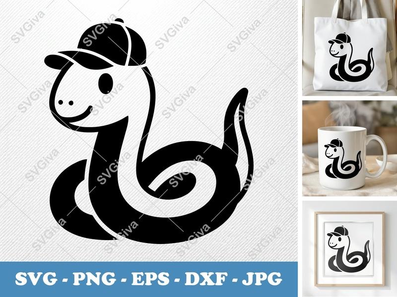 Snake SVG, Cute Cobra with Hat Cut File, Modern Animal Design | PNG EPS DXF for Cricut, Silhouette