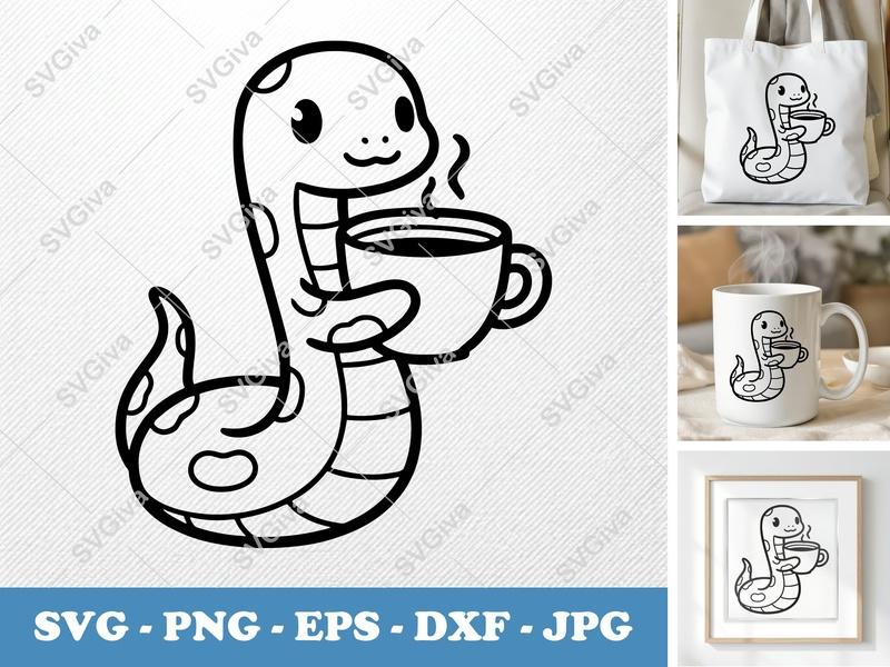 Snake SVG, Cute Coffee Serpent, Modern Clean Design | PNG EPS DXF | Cricut & Silhouette File