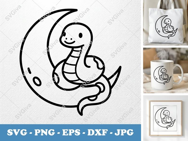 Snake SVG | Cute Moon Serpent Outline, Cartoon Reptile | PNG EPS DXF for Cricut, Silhouette, Vinyl Decal, Kids