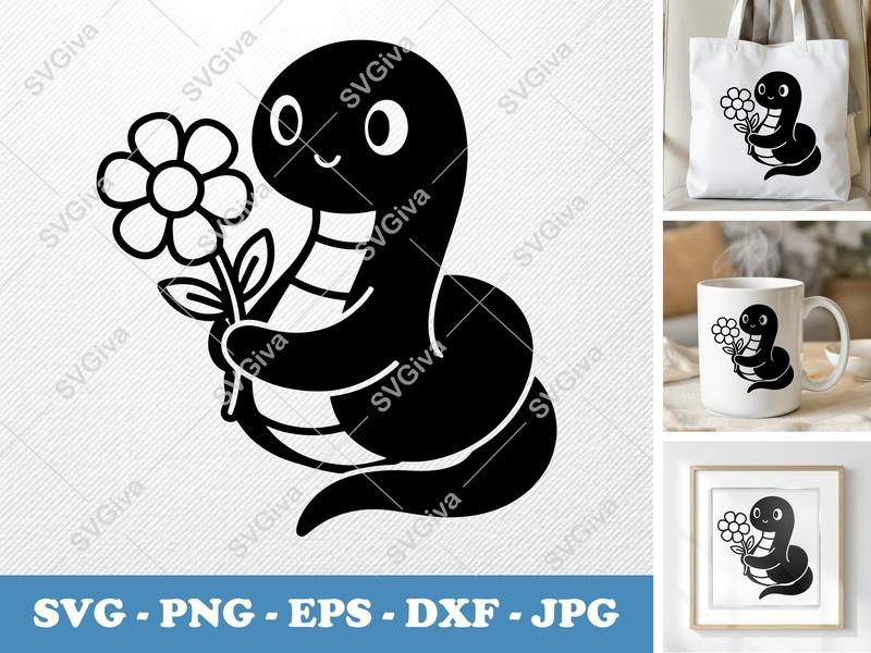 Snake SVG, Cute Snake with Flower, Modern Clean Design, PNG EPS DXF | Cricut & Silhouette Cut File