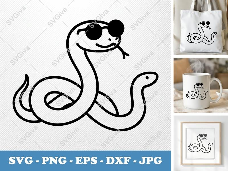 Snake Wearing Sunglasses SVG | Minimalist Vector Cut File | Cricut Silhouette | Bold Contour, Clean Fill | PNG DXF EPS