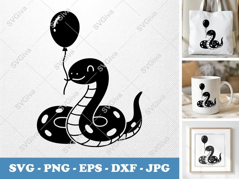 Snake with Balloon SVG | Cute Serpent Cut File | PNG EPS DXF for Cricut, Silhouette | Modern Reptile Design