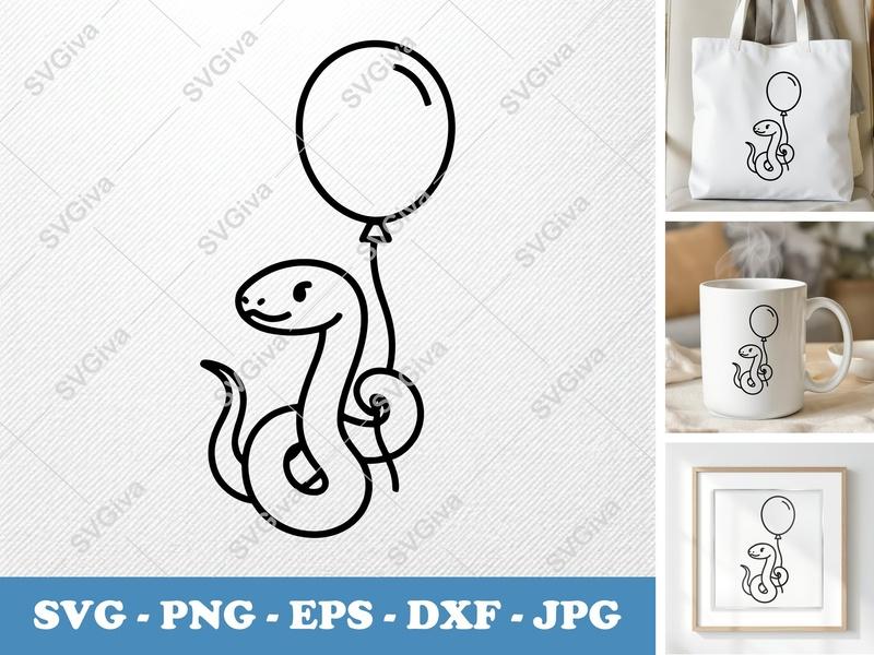Snake with Balloon SVG | Simple Character Outline | PNG DXF EPS | Cricut Silhouette File