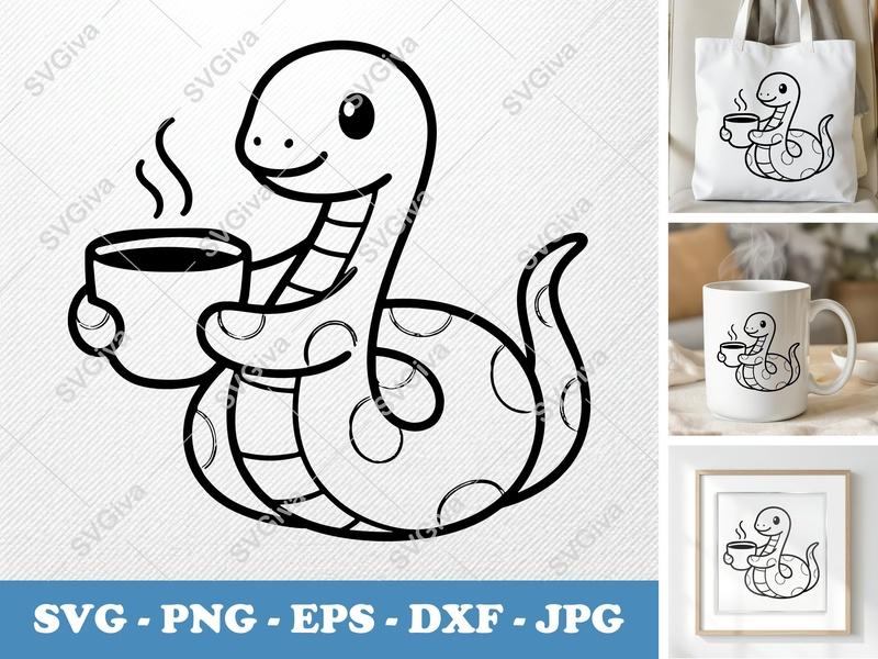 Snake with Coffee SVG, PNG, EPS, DXF | Cute Modern Cartoon Serpent | Cricut & Silhouette Cut File