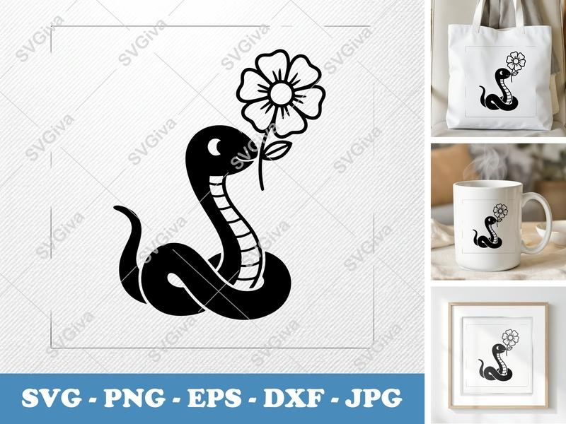 Snake with Flower SVG | Friendly Rounded Body Bean-Shaped Design | PNG DXF EPS | Cricut Silhouette File