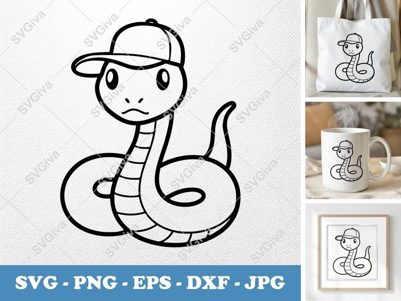 Snake with Hat SVG, Cute Cartoon Serpent PNG EPS DXF | Modern Line Art for Cricut, Silhouette