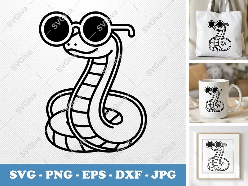 Snake with Sunglasses SVG | Modern Cobra PNG EPS DXF | Cricut Silhouette Cut File | Reptile Clipart Vector Art