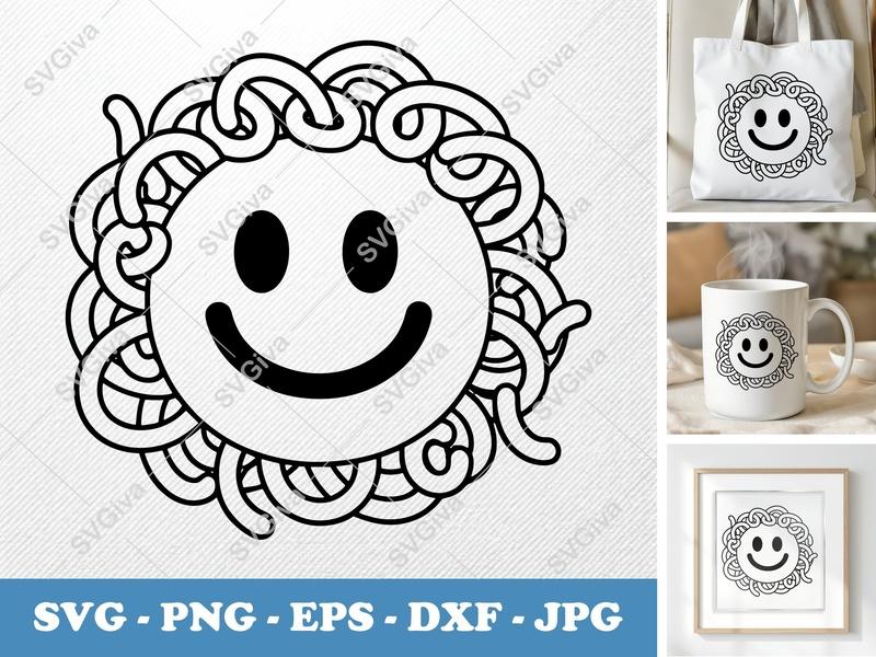 Spaghetti Smiley SVG, PNG, EPS, DXF | Food Noodle Face Cut File for Cricut & Silhouette, Modern Clean Design