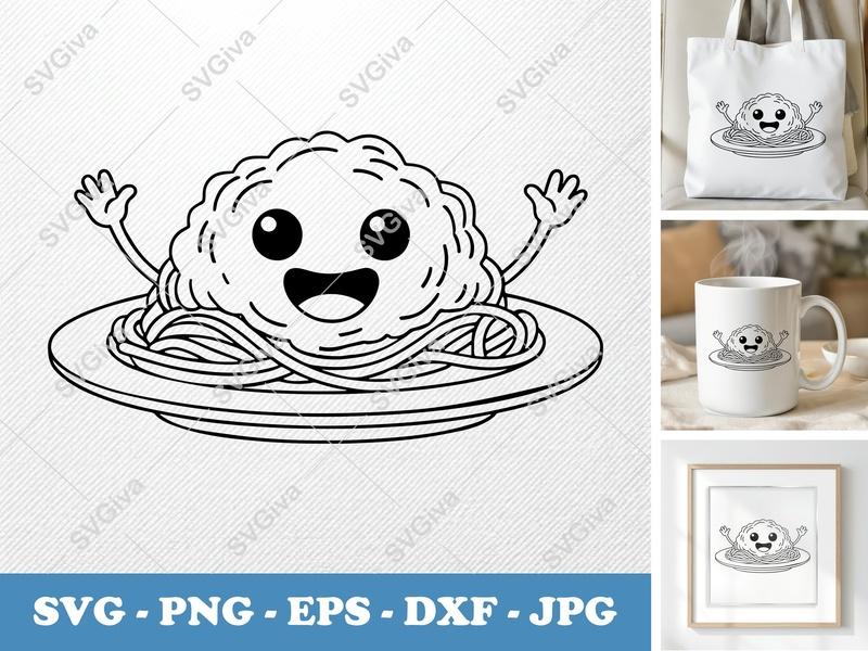 Spaghetti SVG | Cute Meatball Pasta on Plate | Kawaii Food Clipart | PNG EPS DXF for Cricut Silhouette